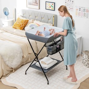 Trocador de Fraldas para bebé dobrável portátil com cesto de fraldas de 3 compartimentos e prateleira para bebês 80 x 63 x 103 cm Cinzento