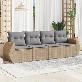 4 pcs conjunto de sofás para jardim c/ almofadões vime PE bege