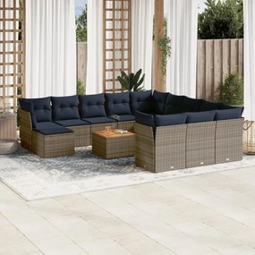vidaXL 13 pcs conjunto sofás p/ jardim c/ almofadões vime PE cinzento