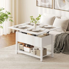 Mesa de Centro Elevável e Extensível, 100 x 90 x 63,5 cm, Tampo Duplo Ajustável, Branca