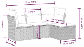 4 pcs conjunto sofás de jardim c/ almofadões vime PE castanho