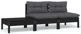 3 pcs conjunto lounge jardim c/ almofadões pinho maciço preto