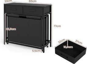 Cesto para Roupa Suja com Rodas, 80 x 32 x 77 cm, Três Compartimentos, Preto