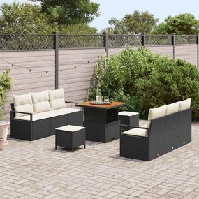 Conjunto de Sofá de Jardim com 9 Peças e Almofadas Pretas em Rattan Si