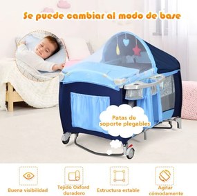 Berço 4 em 1 para crianças dobrável com trocador, teto, rodas, porta lateral, brinquedos pendurados e carrilhão, centro de atividades portátil azul