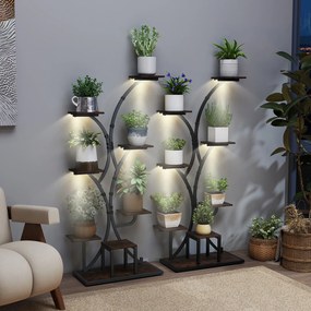 Conjunto de 2 suportes de 8 níveis para plantas, com luzes ajustáveis e temporizador, para varanda – 67 x 30 x 146 cm, castanho e preto