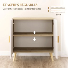 Aparador com puxadores de bambu, prateleira ajustável e base elevada – 76 x 41,2 x 74 cm, branco e cor madeira natural
