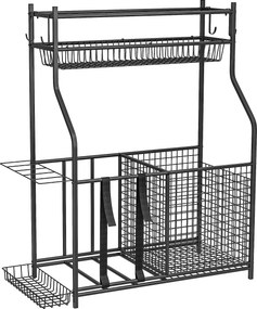 Organizador de Equipamentos Desportivos com Cesto Ganchos Removíveis e Faixas Elásticas Suporte para Bolas 92x42x109 cm Preto