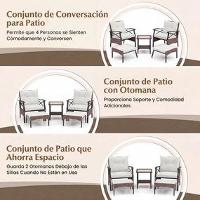 Conjunto de móveis jardim de vime de 5 peças com pufes, almofadas e mesa auxiliar de vidro temperado de 2 níveis para jardim, varanda, Castanho e Bege