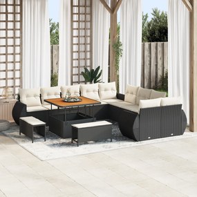 Conjunto de Sofá de Jardim de 13 Peças com Almofadas Preto Rattan Poli