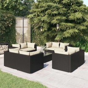 vidaXL 9 pcs conjunto lounge de jardim c/ almofadões vime PE preto