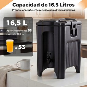 Dispensador bebidas térmico de 16,5 L com torneira antigotejamento e pega de transporte 46 x 30 x 51 cm para campismo, festas e catering Preto