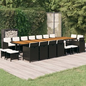 vidaXL 19 pcs conjunto jantar p/ jardim c/ almofadões vime PE preto