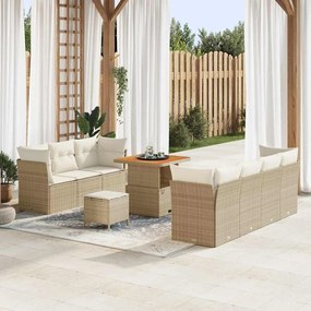 Conjunto de Sofá de Jardim com Almofadas de 10 Peças Bege Rattan Poliéster Acácia