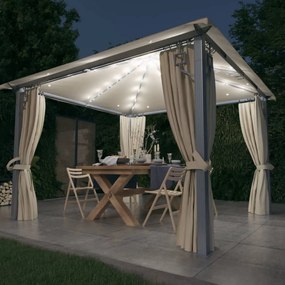 Gazebo com cortinas e cordões de luzes LED 3x3m alumínio creme