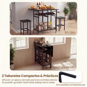 Conjunto de mesa de jantar alta de 3 peças com 2 bancos, suporte para 6 garrafas, estantes e pega lateral, mesa dobrável para cozinha, preta