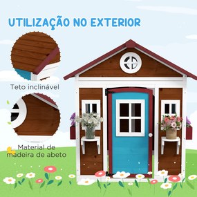 Casinha de Madeira Infantil com Porta Janelas Floreiras e Prateleiras com Detalhes de Cor 114x126,4x135 cm Castanho Escuro