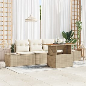 Conjunto de Sofá de Jardim de 5 Peças com Almofadas Bege Poliratan