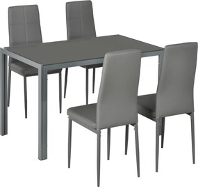 Conjunto de Sala de Jantar 5 Peças com Mesa Retangular de Vidro Temperado e 4 Cadeiras em PU Cinzento