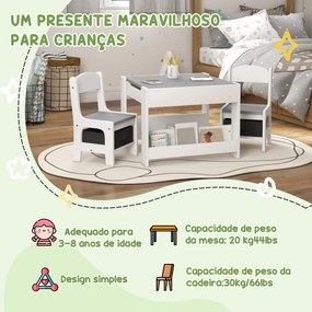 Conjunto de Mesa e 2 Cadeiras Infantis 2 em 1 com Ardósia Gavetas de Tecido e Espaço de Armazenamento para Quarto Cinza