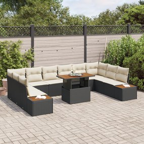 Conjunto de Sofá de Jardim de 11 Peças com Almofadas Preto Rattan Poly
