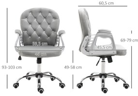 Cadeira de Escritório Estofada em Veludo Cadeira Giratória com Altura Ajustável e Decorações de Cristal 59,5x60,5x95-105 cm Cinzenta