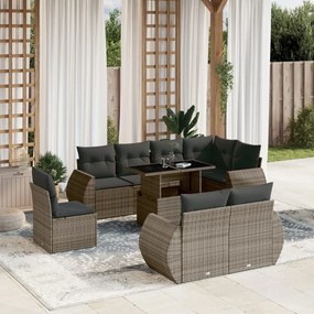 9 pcs conjunto sofás p/ jardim com almofadões vime PE cinzento