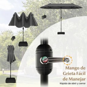 Guarda-sol duplo para jardim com base recarregável, manivela e 12 hastes de alta resistência Cinzento