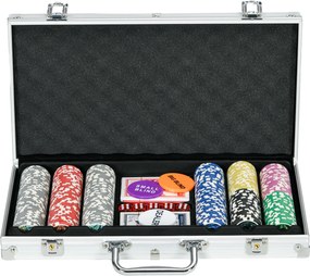 SPORTNOW Conjunto de Póquer Profissional com 300 Fichas de 11,5 g 2 Baralhos de Cartas 5 Dados Tapete e Botão de Crupiê para 7-8 Jogadores com Fechadura Prata | Aosom Portugal