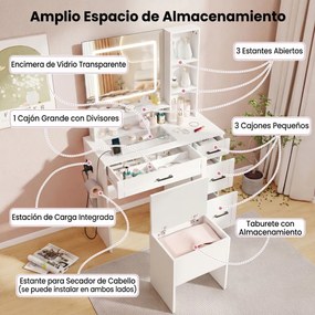 Toucador de maquilhagem com espelho e luzes 90 x 40 x 140 cm, com banco, espaço de arrumação, tomadas, tampo em vidro, 3 cores, luz regulável, branco