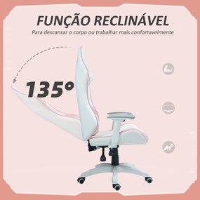 Cadeira Gaming Reclinável com Almofada Lombar Apoio de Cabeça Basculante e Altura Ajustável 67x60x120-128 cm Branco e Rosa