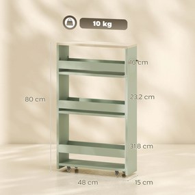 Carrinho de Arrumação para Casa de Banho, 48 x 15 x 80 cm, 3 Níveis de Arrumação, Verde