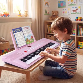Teclado de piano portátil de 61 teclas com suporte para partituras, microfone, autocolantes de notas e bolsa – 58 x 18 x 5 cm – Rosa