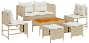 Conjunto de Sofá para Exterior Bege e Creme Rattan e Tecido Médio