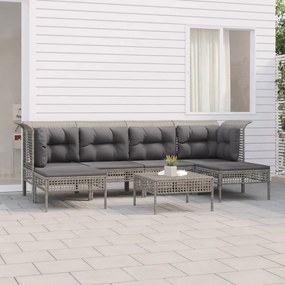 7 pcs conjunto lounge de jardim c/ almofadões vime PE cinzento