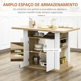 Ilha de Cozinha para 4-6 Pessoas 110x70x75,5 cm Móvel de Cozinha com 4 Portas Compartimentos Abertos  Cor Carvalho e Branco