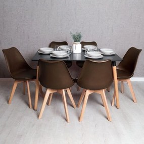 Conjunto Mesa Retangular 120 x 80 cm Preta e 6 Cadeiras Nórdicas Synk - Marrom