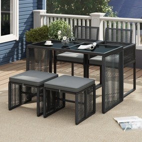 Conjunto de Móveis de Rattan Cadeira de Rattan PE e Mesa de Vidro Temperado com Pufes para Jardim Cinzento e Preto