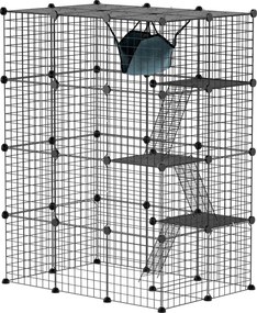 PawHut Gaiola Grande para Gatos de Interior com 49 Painéis, 4 Níveis, 5 Portas, 3 Plataformas, Rampas e Rede, DIY, 105x70x140 cm, Preto | Aosom Portugal