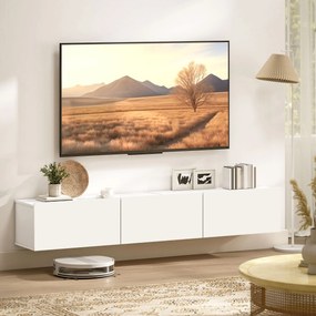 Móvel de TV suspenso de 180 (L) x 31,5 (P) x 29,8 (A) cm, móvel para televisores até 82 polegadas, com 3 portas rebatíveis com fecho suave, branco