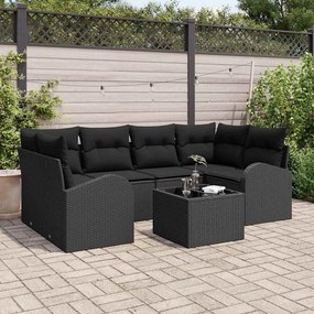 vidaXL Sofá de Jardim com 7 Peças e Almofadas Pretas em Rattan Sintético