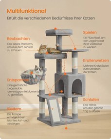 Arranhador para gatos 48 x 48 x 136 cm e com 3 plataformas, cinzento claro