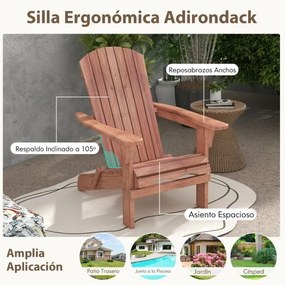 Cadeira Adirondack dobrável de madeira com encosto e apoios de braços Carga 180 Kg exterior  Pátio relvado Castanho