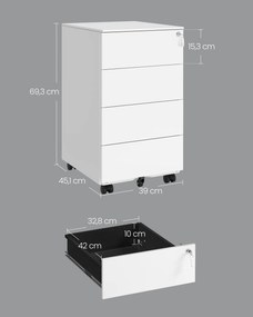 Móvel arquivo escritório com 4 gavetas e rodas 45,1 x 39 x 69,3 cm Branco