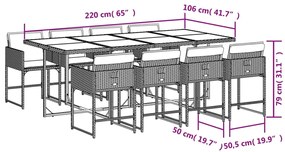9 pcs conjunto de jantar p/ jardim c/ almofadões vime PE preto