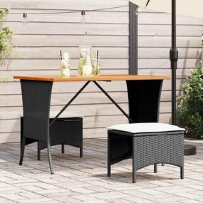 3 pcs conjunto de jantar p/ jardim c/ almofadões vime PE preto