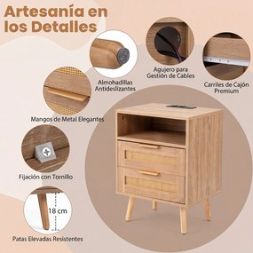 Conjunto de 2 Mesas de Cabeceira, 45 x 35 x 61,5 cm, Estação de Carregamento Integrada, Natural