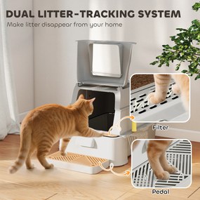 Caixa de Areia para Gatos de Aço Inoxidável XL com Tampa Articulada 180° Laterais Altas Pedal Pá 63x43x43 cm Cinza Claro
