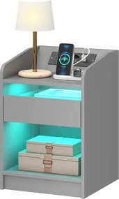 Mesa de Cabeceira com Luzes LED Gaveta 40x40x58 cm com Estação de Carregamento Entrada USB e Controlo Remoto Cinzento
