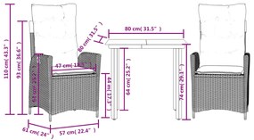 3 pcs conjunto jantar p/ jardim c/ almofadões vime PE castanho
